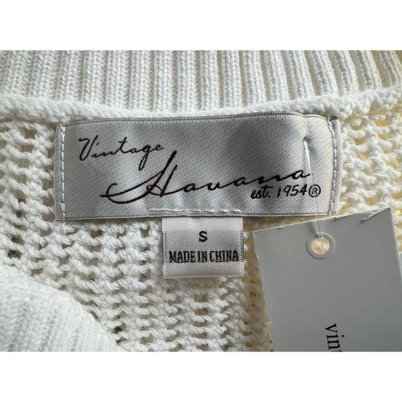 VINTAGE HAVANA WOMENS SMALL COLLARED V-NECK OPEN KNIT POLO COTTON SWEATER WHITE - Picture 4 of 12